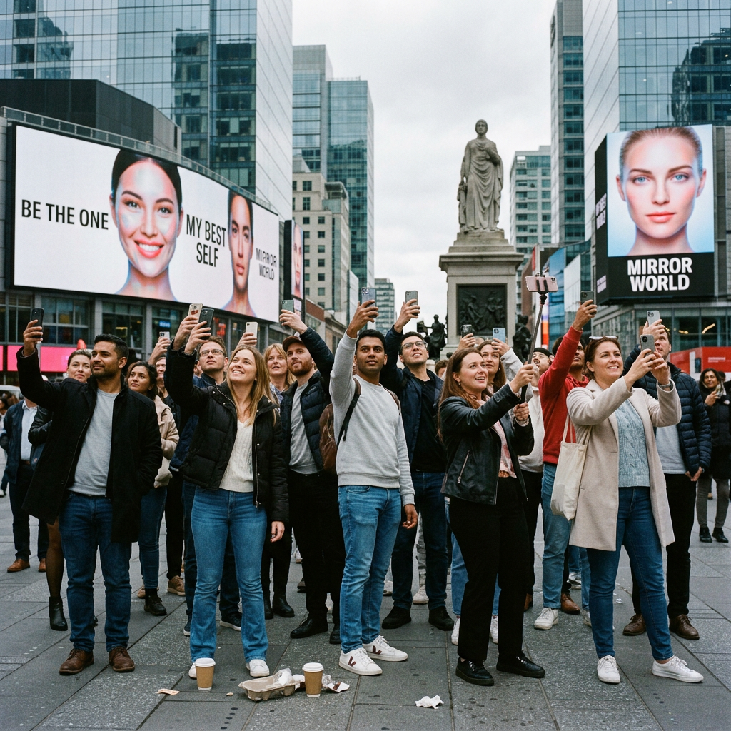 Crowd raising smartphones beneath Mirror World billboards and a central statue